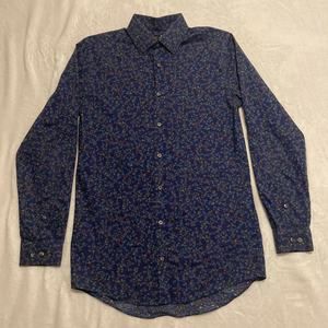 J.Ferrer Shirt Blue Floral Long Sleeve S 14-14 1/2 32-33 Slim Fit Stretch